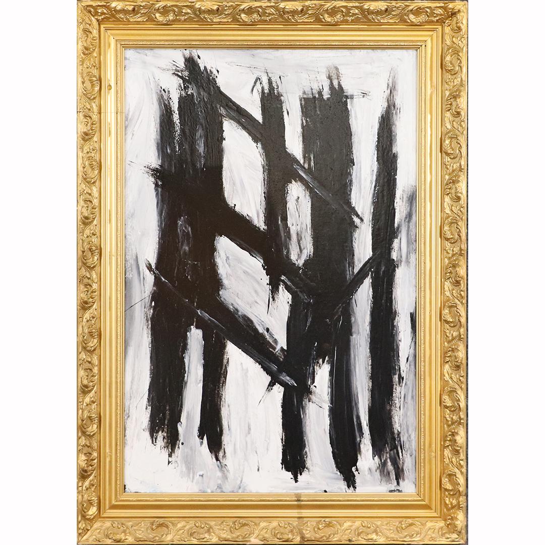 Pulgini after Franz Kline, Oil/b Black Lines on White: Pulgini after Franz Kline, Oil/b Black Lines on White. Oil on board painting. Signed on verso. Framed. Popular Philadelphia area Artist. size: 30x20 image, 35.5x25.5 outside frame