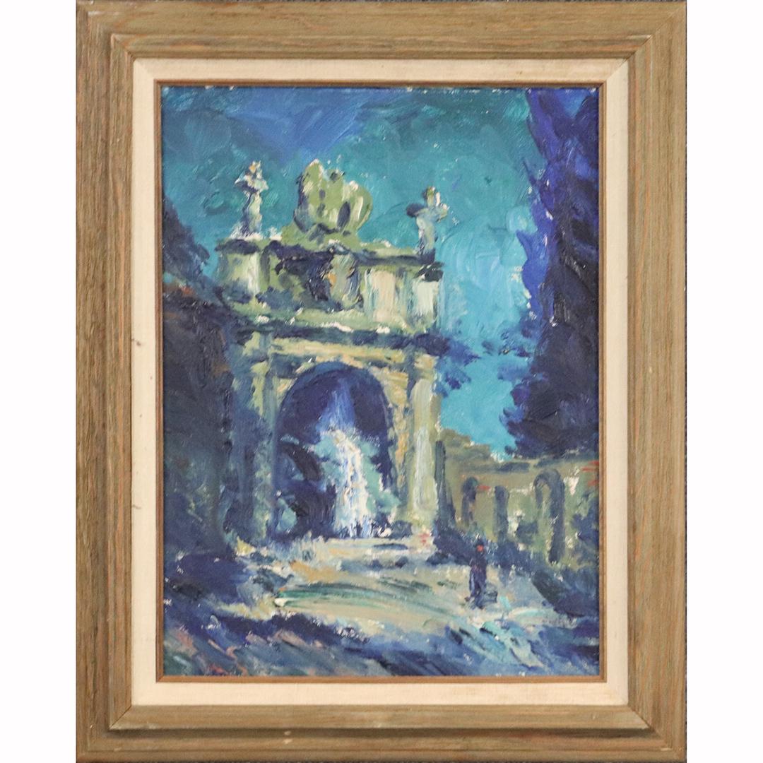 Stuart Compton Henry, Oil/b Roman Arch Monument: Stuart Compton Henry, Oil/b Roman Arch Monument. Oil on board painting, original framing, signed on verso: S C Henry. Well listed Artist. Nicely done painting. size: 16x12 image, 20x16 outside frame. 