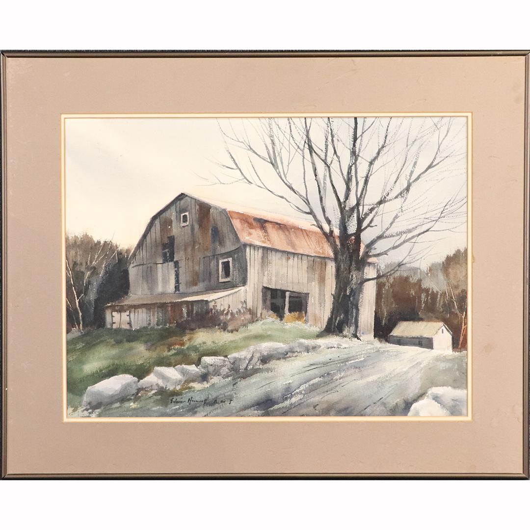 Edwin Havas A.W.S, Watercolor Barn in Winter Thaw: Edwin Havas A.W.S, Watercolor Barn in Winter Thaw. Edwin Havas was a signature member of the American Watercolor Society. Watercolor painting, Signed, original framing. size: 17x23 image, 24.25x30.25 