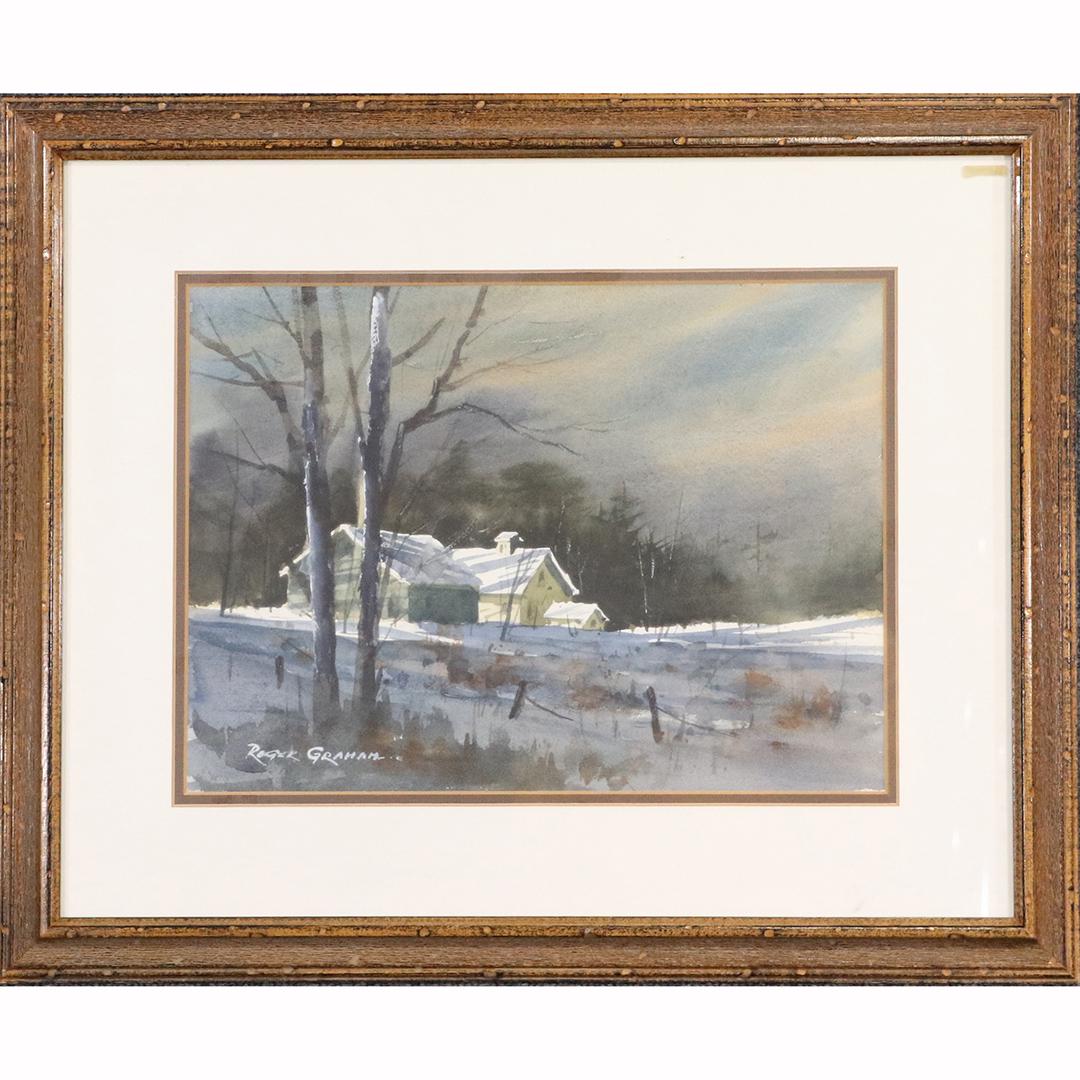 Roger Graham, New Hampshire W/c Farmhouse in Winter: Roger Graham, New Hampshire W/c Farmhouse in Winter. Watercolor painting, Signed, Original framing, Artist's Gallery Card on verso. size: 10.5x14.5 image, 18.25x22.25 outside frame