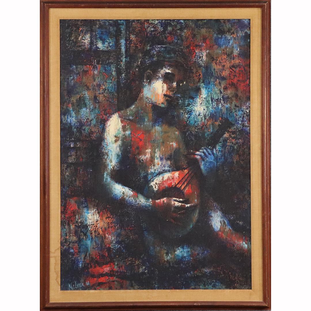 McLean 1961, Mid-Century Oil/c Figure Playing Mandolin: McLean 1961, Mid-Century Oil/c Figure Playing Mandolin. Abstract. Oil on canvas painting, Signed and dated 1961, Framed. size: 35x25 image, 40x30 outside frame