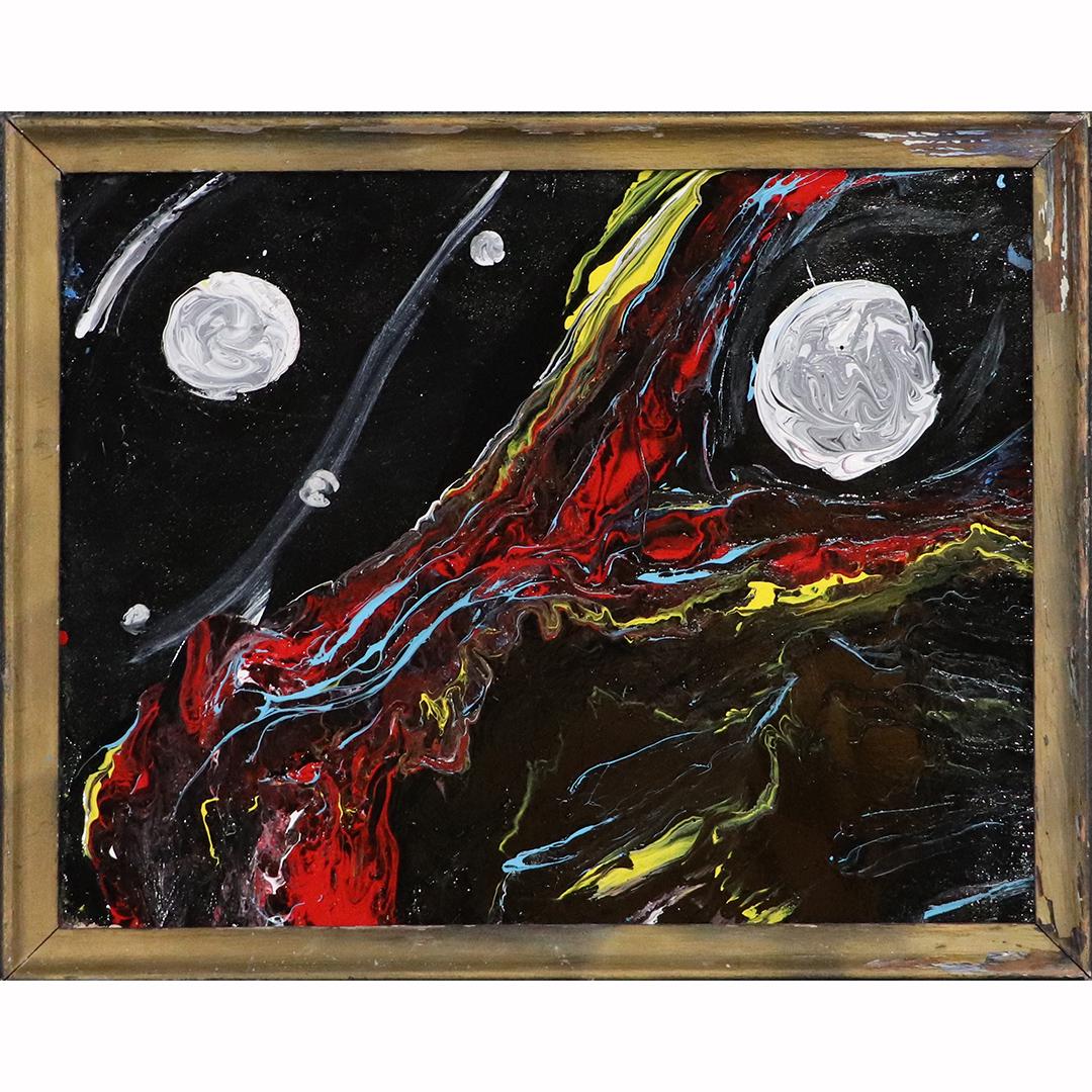 Pulgini, Mid-Century Modern O/b Abstract with Comets: Pulgini, Mid-Century Modern O/b Abstract with Comets. Space Age, Atomic. Oil on board painting, Signed on verso, Framed. Popular Philadelphia area artist size: 14x18 image, 15.75x19.75 outside frame