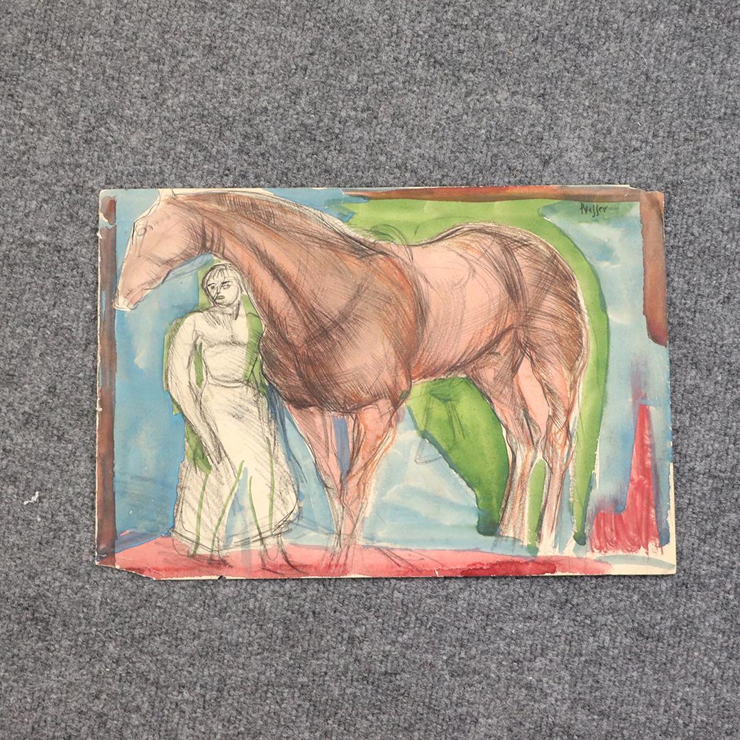 Josef Presser, Polish American Mixed Media Figure Horse: Josef Presser, Polish American Mixed Media Figure Horse. Signed , drawing on paper, Well listed Artist. size: 10x14.5. ASKart: Josef Presser (1907 - 1967)Josef Presser was active/lived in Massachusett