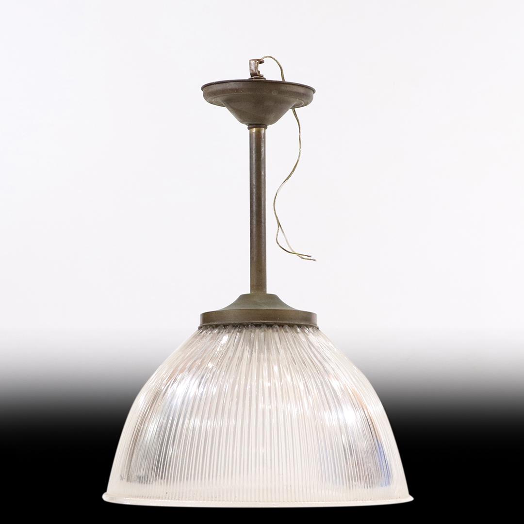 Large Vintage Holophane Glass Industrial Hanging Lamp: Large Vintage Holophane Glass Industrial Hanging Lamp. size: 27h x 18.25w
