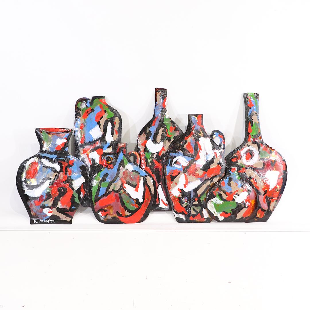 R Monti, Mid-Century Mod Abstract Metal Wall Sculpture: R Monti, Mid-Century Modern Abstract Metal Wall Sculpture of Bottles. Signed. Popular Philadelphia area Artist. size: 24h x 47.5w