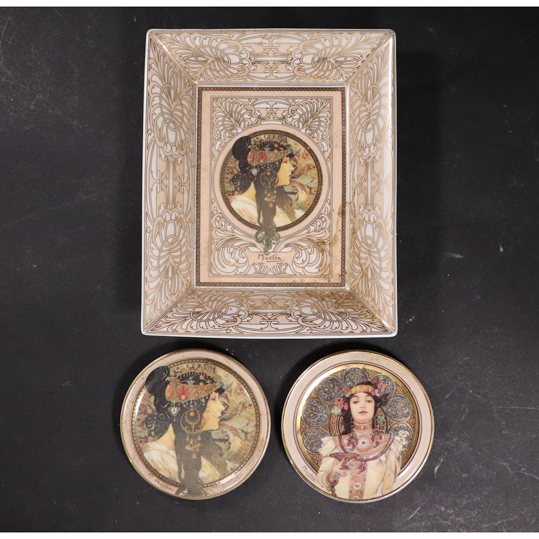 3 Assorted Goebel Mucha Women Portrait Porcelain Trays: 3 Assorted Goebel Mucha Women Portrait Porcelain Trays. size: 7.5 x 6 x 1.5in, 4in circular trays