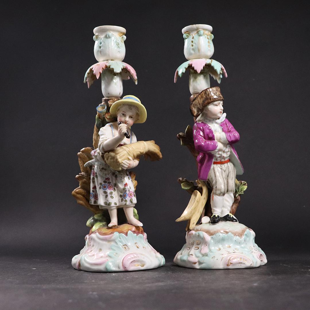 19th C. Meissen Porcelain Figure Candlesticks: 19th C. Meissen Porcelain Figure Candlesticks. size: 10.5h x 3.75w
