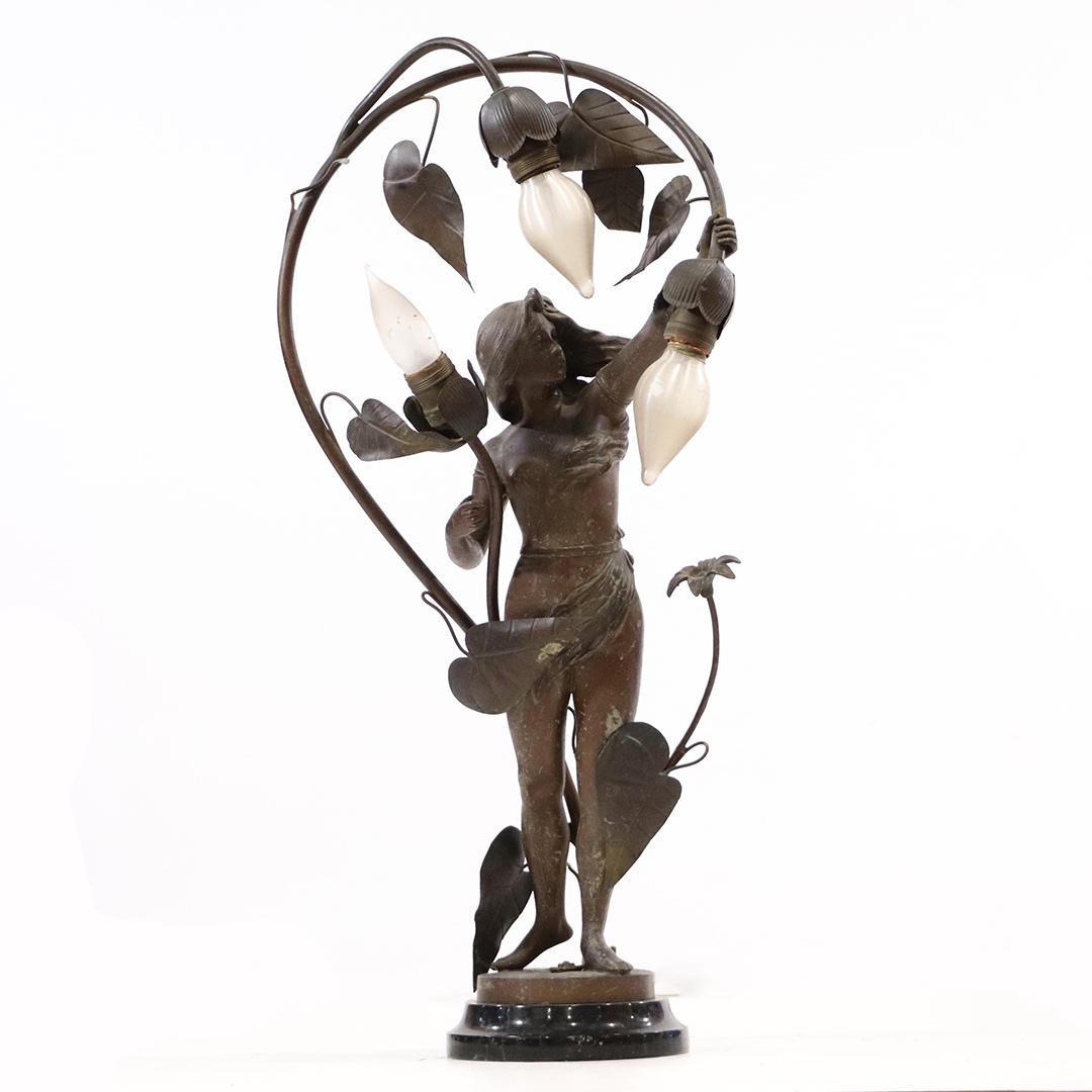 Antique Newel Post Lamp Art Nouveau Woman 3-Light: Antique Newel Post Lamp Art Nouveau Woman 3-Light. Cast metal Spelter, Original Bronze Patina Finish, Nice quality casting. size: 26 inches height x 12.5 inches width