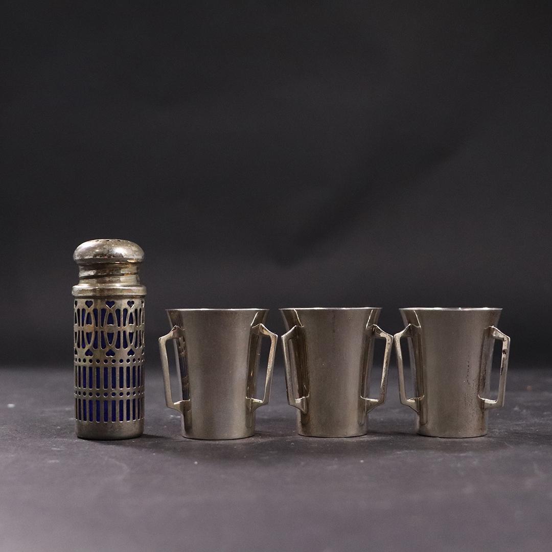 4 Pieces: 3 Silver Hallmarked Cups, Shaker Cobalt Blue: 4 Pieces: 3 Silver Hallmarked Cups, Shaker Cobalt Blue glass. size: 1.75h x 1.75w shots, 2.75h x 1w shaker