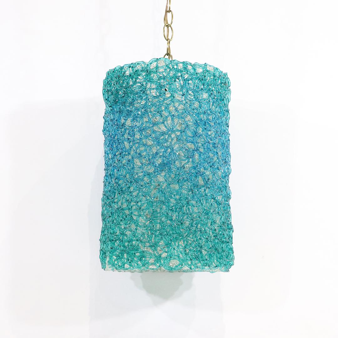 Mid-Century Modern Blue Cylindrical Spaghetti Fixture: Mid-Century Modern Blue Cylindrical Spaghetti hanging Fixture. size: 15h x 10w