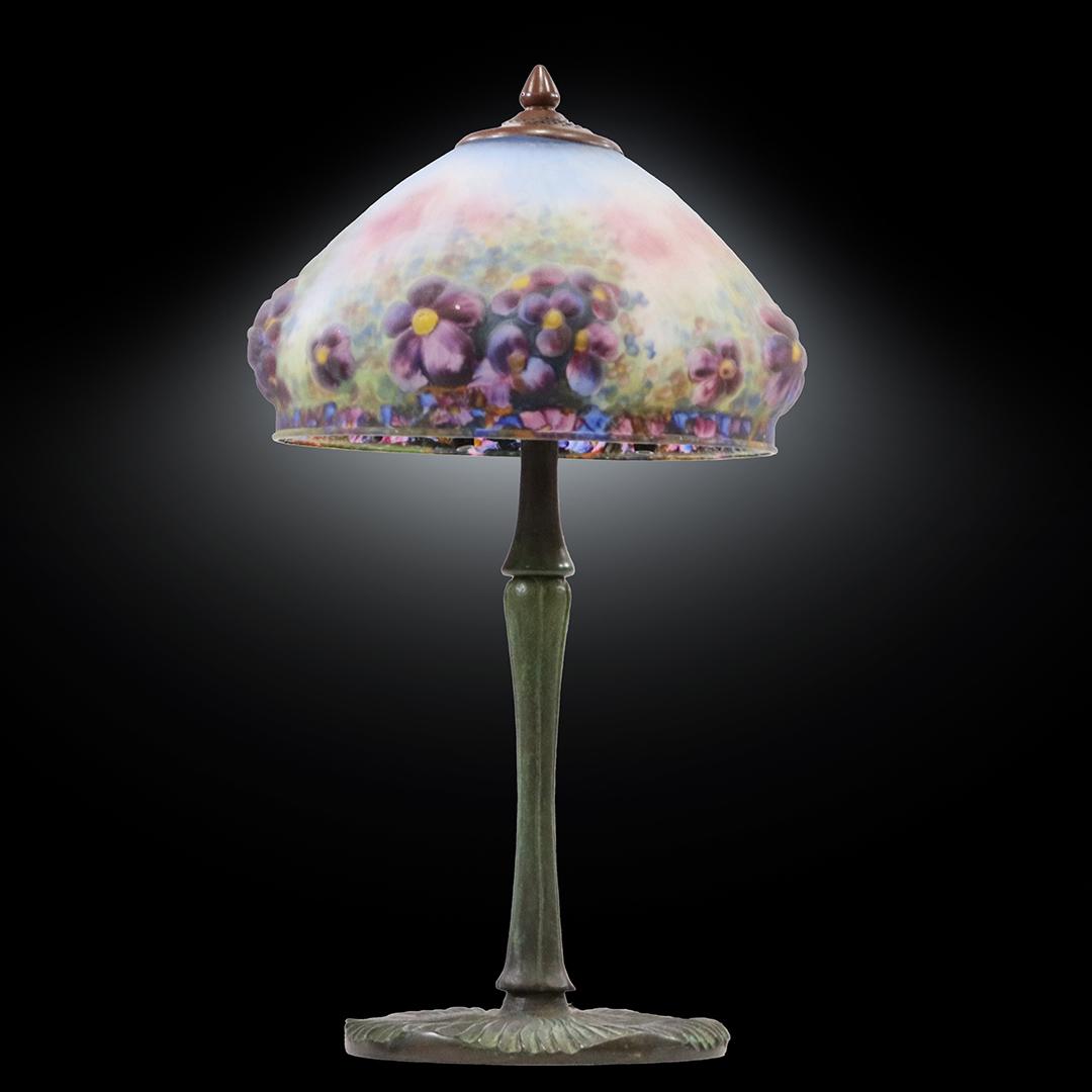 Lavender Pansies Glass Puffy Shade Lamp Bronze Base: Lavender Pansies Glass Puffy Shade Lamp , Antique Bronze Base, 3-socket, original verde green bronze patina finish. Glass puffy shade all good, unsigned. size: 21h x 8w base, 11w shade