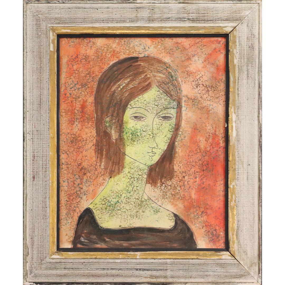 Jay Lee, Mid-Century Watercolor Portrait Young Girl: Jay Lee, Mid-Century Watercolor Portrait Young Girl. Watercolor mixed media painting, signed, framed, vintage. size: 17.5x14 image, 23x19.5 outside frame