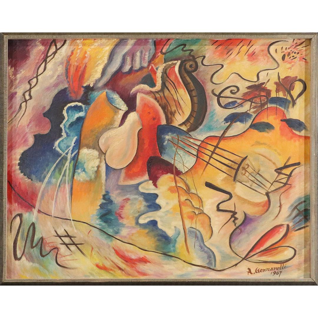 Anthony G Generalli 1915-2001 Oil/c after Kandinsky: Anthony G Generalli 1915-2001 Oil/c after Kandinsky, Abstract oil on board painting. Signed and dated 1967. size: 24x30 image, 25.5x31 outside frame