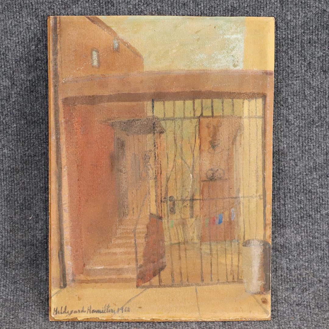 Hildegarde Hamilton 1962, Watercolor Painting Courtyard: Hildegarde Hamilton 1962, Watercolor Painting Courtyard Gate. Watercolor painting laid on board, Signed and dated 1962, Well listed American Artist. size: 15.25x11.25. ASKart: Hildegarde Hume Hamilton