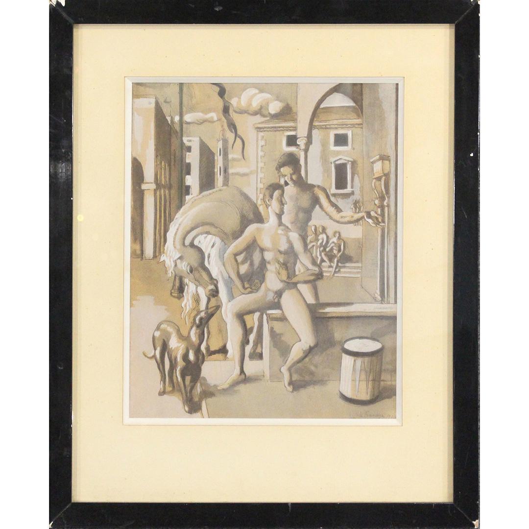 Roger De La Fresnaye 1885-1925 Nude Males in Urban City: Roger De La Fresnaye 1885-1925 Nude Males in Urban City, horse, whippet dog, tall buildings. Lithograph with highlights of white gouache. Signed and dated. Original framing. size: 11 x 9 , outside of
