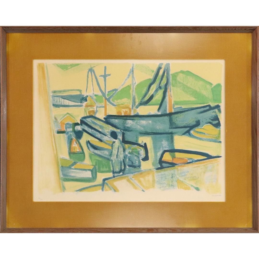 Pierre Gustalla 1891-1968 MCM Lithograph Dock Scene: Pierre Gustalla 1891-1968 MCM Lithograph Dock Scene. Signed, Framed. Vintage. Mid-Century Modern. size:16x22 image, 23x29 outside frame