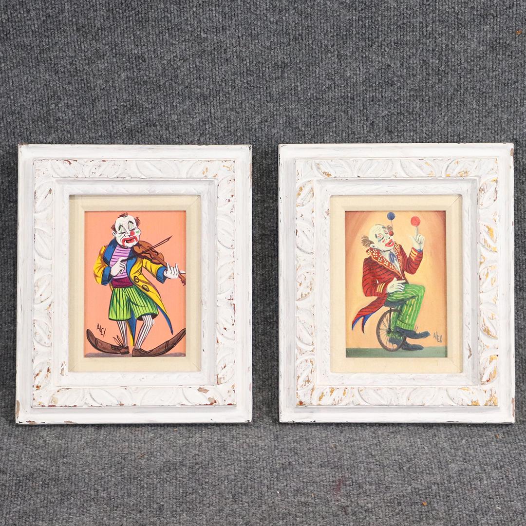 Alex, 2 Mid-Century Whimsical Clowns Oil Paintings: Alex, 2 Mid-Century Whimsical Clowns Oil Paintings on board, signed, framed, colorful. size: 7x5 image, 12x10 outside frame