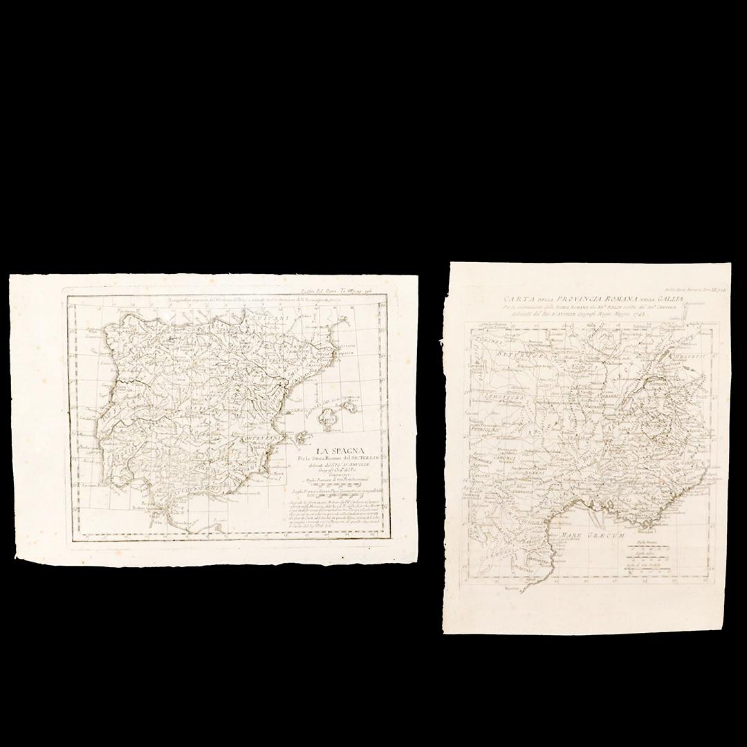 [2] 18th C. Maps by D'Anville del Sig. Rollin: [2] 18th C. Maps by D'Anville del Sig. Rollin. One of Romana, one of La Spagna. size: 12.5x9.5, 9.75x13.5
