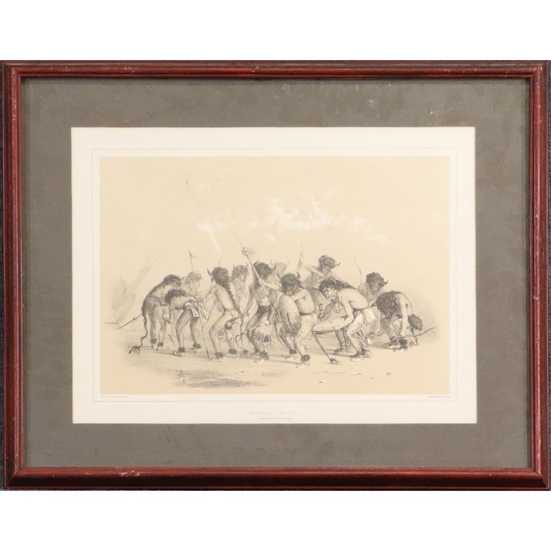 George Catlin, "Buffalo Dance" Framed Lithograph: George Catlin, "Buffalo Dance" Framed Lithograph. Vintage size: 15x20.5 image, 21.75x27.75 outside frame