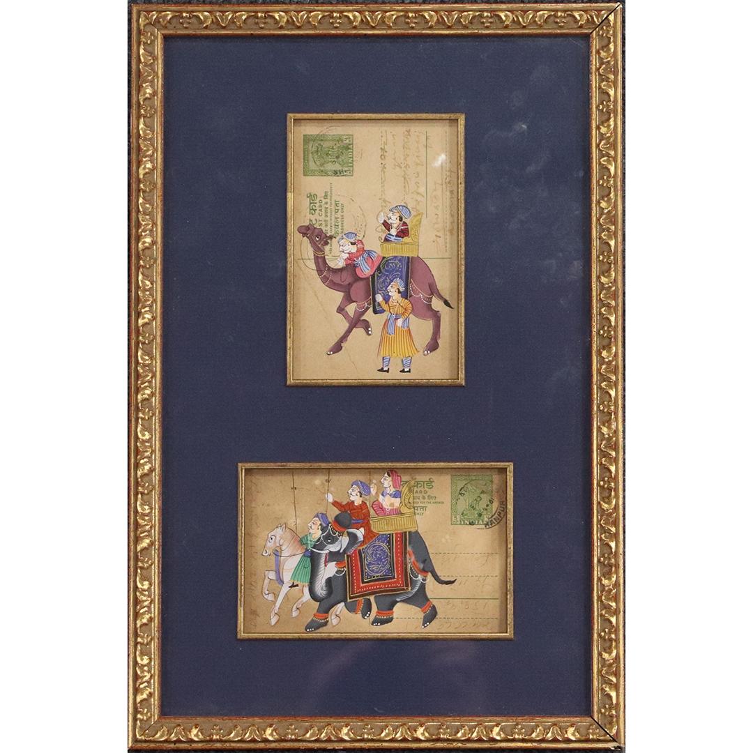 2 Framed Middle Eastern Paintings over Post Cards: 2 Framed Middle Eastern Paintings over Post Cards . Nobility figures riding Camel and Elephant. size: 5.5x3.5 images, 15x10 outside frame