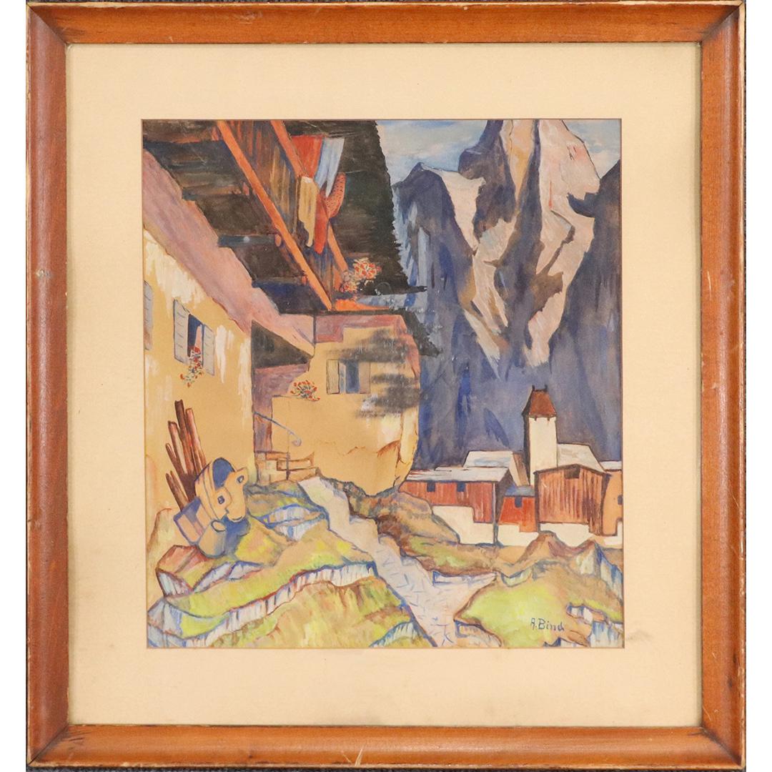 A Bind, Watercolor, Mountain Village in the Alps: A Bind, Watercolor, Mountain Village in the Alps. Vintage. Watercolor painting, Signed, original framing. size: 12.75x11.25 image, 18.25x17 outside frame