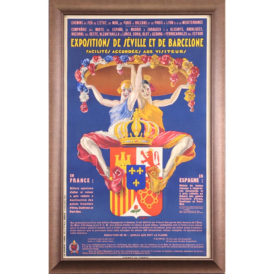 Vintage Art Deco Spanish Exposition Poster - 1929: Framed vintage lithographed poster. Expositions De Seville et de Barcelone by Rogerio and Cappiello . Published by La Grande-Firme Paris. 1929; 39in. X 24in.(image), 43in. X 29in.(outside frame)