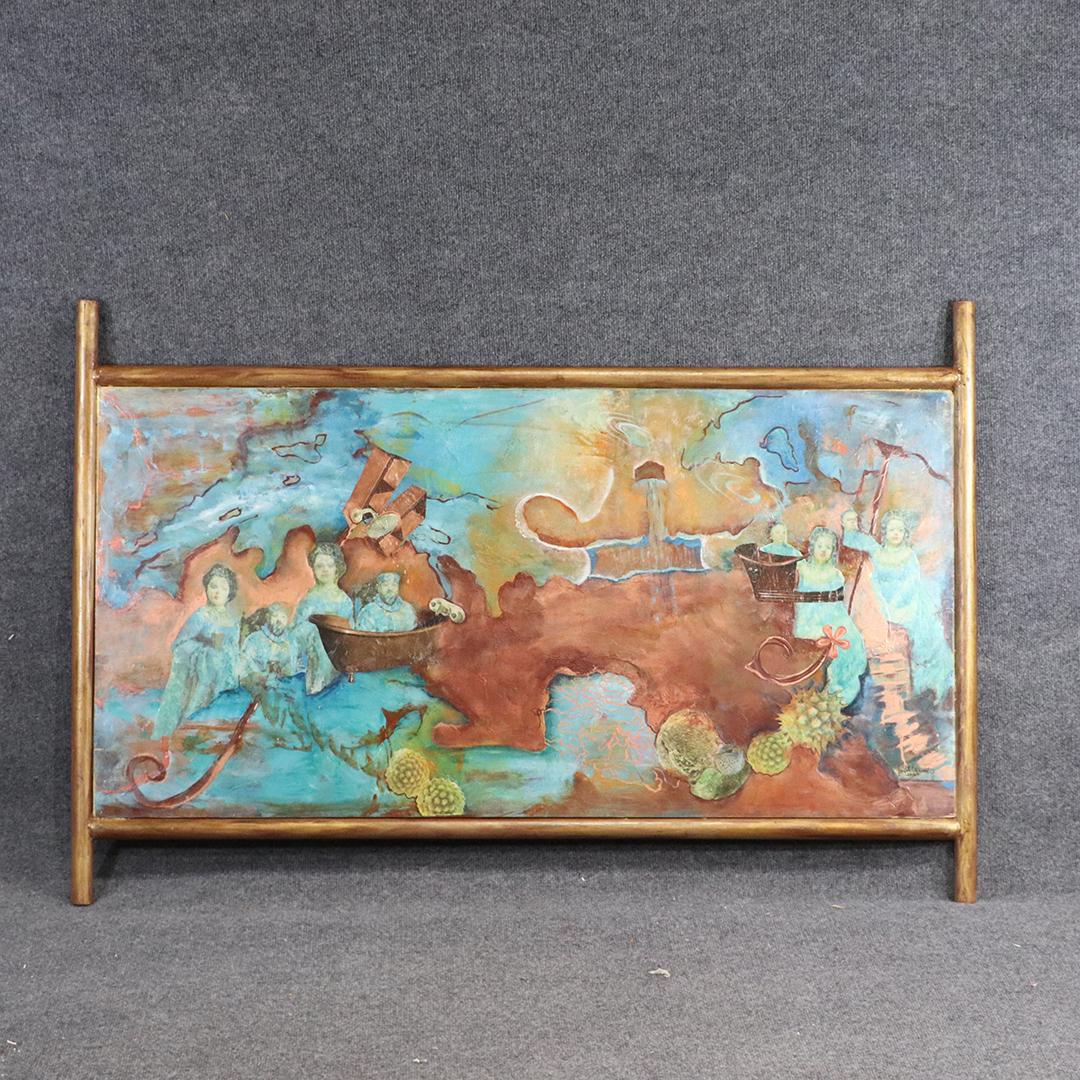 Janet Esposito, Abstract Surrealism Oil/b Collage: Janet Esposito, Abstract Surrealism Oil/b Collage. Oil on board painting, signed, framed. size: 24x48 image, 33.5x50.25 outside frame