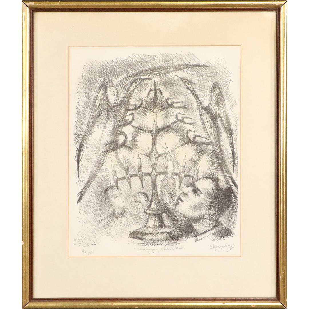 Chaim Gross 1966, Lithograph Happy Chanukah #40/125: Chaim Gross 1966, Lithograph Happy Chanukah #40/125. Pencil signed, numbered and titled. Original framing. size: 17.5x14 image, 25.75x21.75 outside frame. Chaim Gross (1904 - 1991) was active/lived in