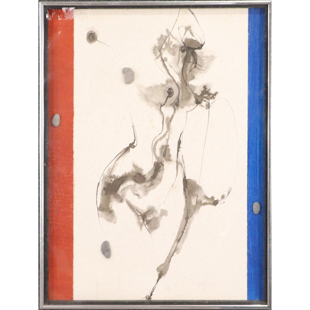 Gorman Powers, Watercolor & Ink Red White Blue Black: Gorman Powers, Watercolor & Ink Red White Blue Black with a stone mounted on borders. Abstract. Pencil Signed. Watercolor Painting, Framed, Kulicke NYC Gallery Label. size: 24x18 image, 25.5x19.5 outs