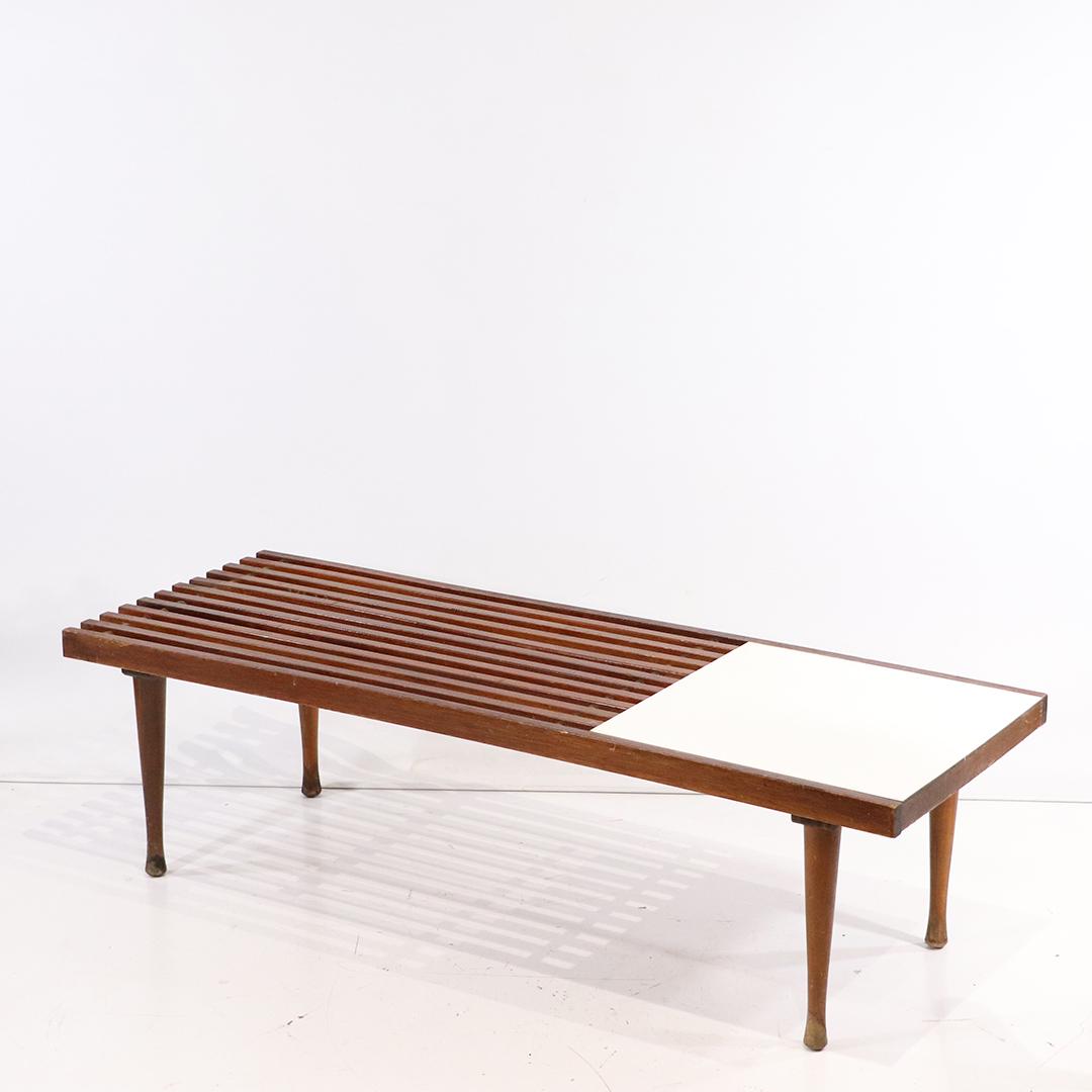 Mid-Century George Nelson Design Walnut Slat Bench: Mid-Century George Nelson Design Walnut Slat Bench . Plant Stand End. size: 14h x 48L x 17w