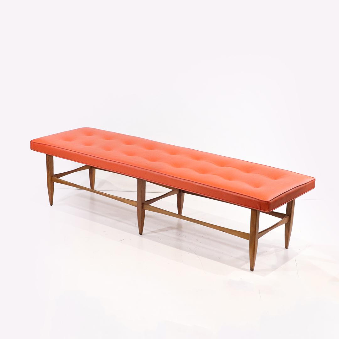 Mid-Century Adrian Pearsall Design Orange Long Bench: Mid-Century Adrian Pearsall Design Orange Long Bench. Walnut Legs. Original orange upholstery. size: 15h x 60L x 18w