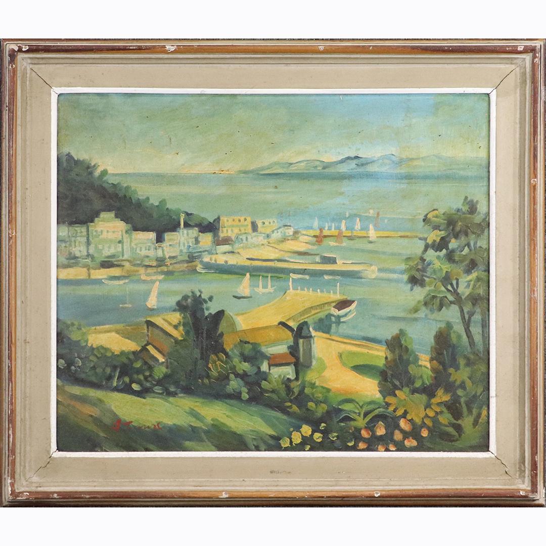 A Tamo, 1950s Vintage Oil/b South Korea Port Scene: A Tamo, 1950s Vintage Oil/b South Korea Port Scene. Oil on board painting, Signed, Framed. size: 20x24 image, 25.5x29.5 outside frame