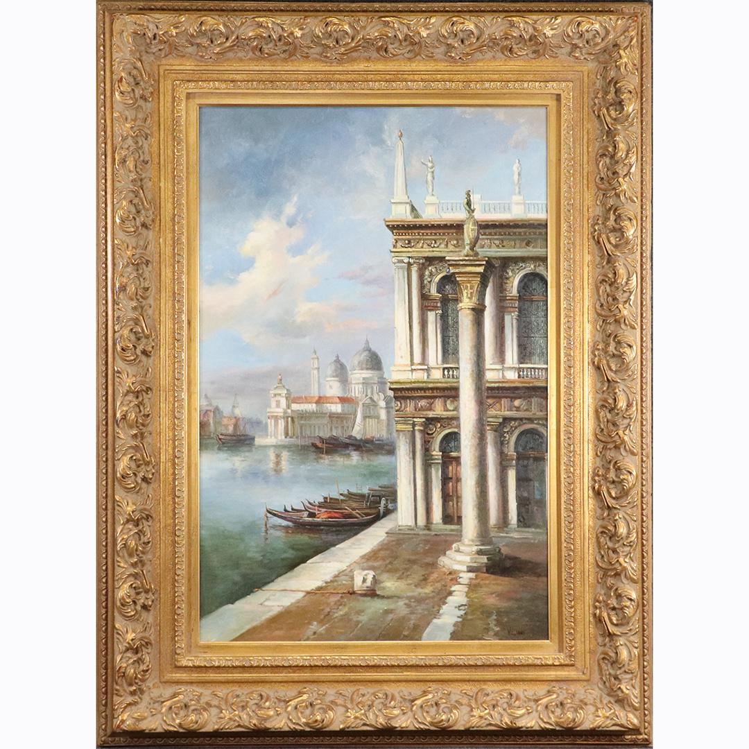 Williams, Fine 20th C. Large Venetian Oil Painting COA: Williams, Fine 20th C. Large Venetian Oil Painting on canvas, Signed, gold framing, Has COA on verso. size: 36x24 image, 49.5x37.5 outside frame