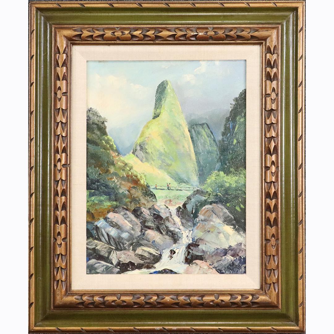 Stephen Sands, Hawaiian Artist O/c Needle Point, Hawaii: Stephen Sands, Hawaiian Artist O/c Needle Point, Hawaii. Oil on canvas painting, Signed and dated 1973 also signed , dated, titled on verso. Original frame. Well listed Hawaiian Artist. size: 16x12 im