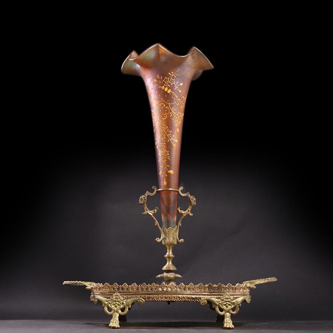 Victorian Art Glass Epergne Mounted Bronze Onyx Base: Victorian Art Glass Epergne Mounted Bronze Onyx Base. Art glass vase is enamel decorated. Antique, 19th C. size: 16.5h x 12.75w