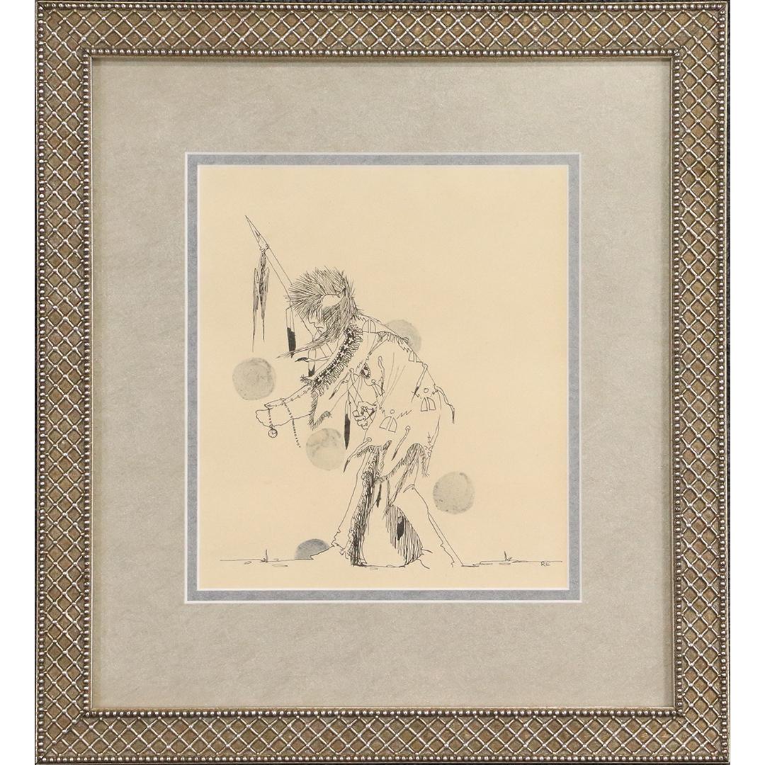Rick Emery Ink Drawing Native American Ceremonial Dance: Rick Emery Ink Drawing Native American Ceremonial Dance. Signed initials: RE, Full name on verso dated 1971, Framed. size: 8.5x7.25 image, 15x13.75 outside frame