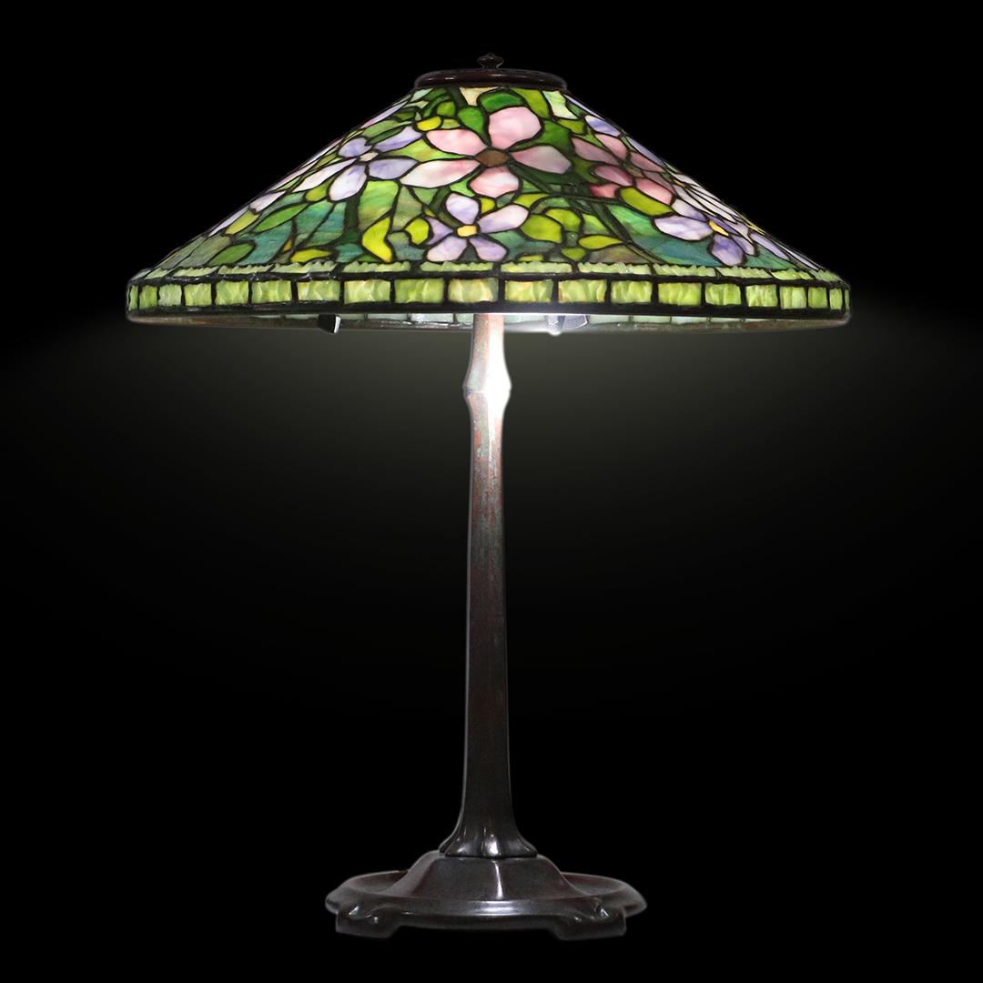 TIFFANY STUDIOS NEW YORK Clematis Leaded Lamp SIGNED: TIFFANY STUDIOS NEW YORK Clematis Leaded Lamp SIGNED. Both Shade and Bronze Base are Signed. Shade: Tiffany Studios New York #$1480 12; Base: Tiffany Studios New York #538. Leaded glass shade in very 