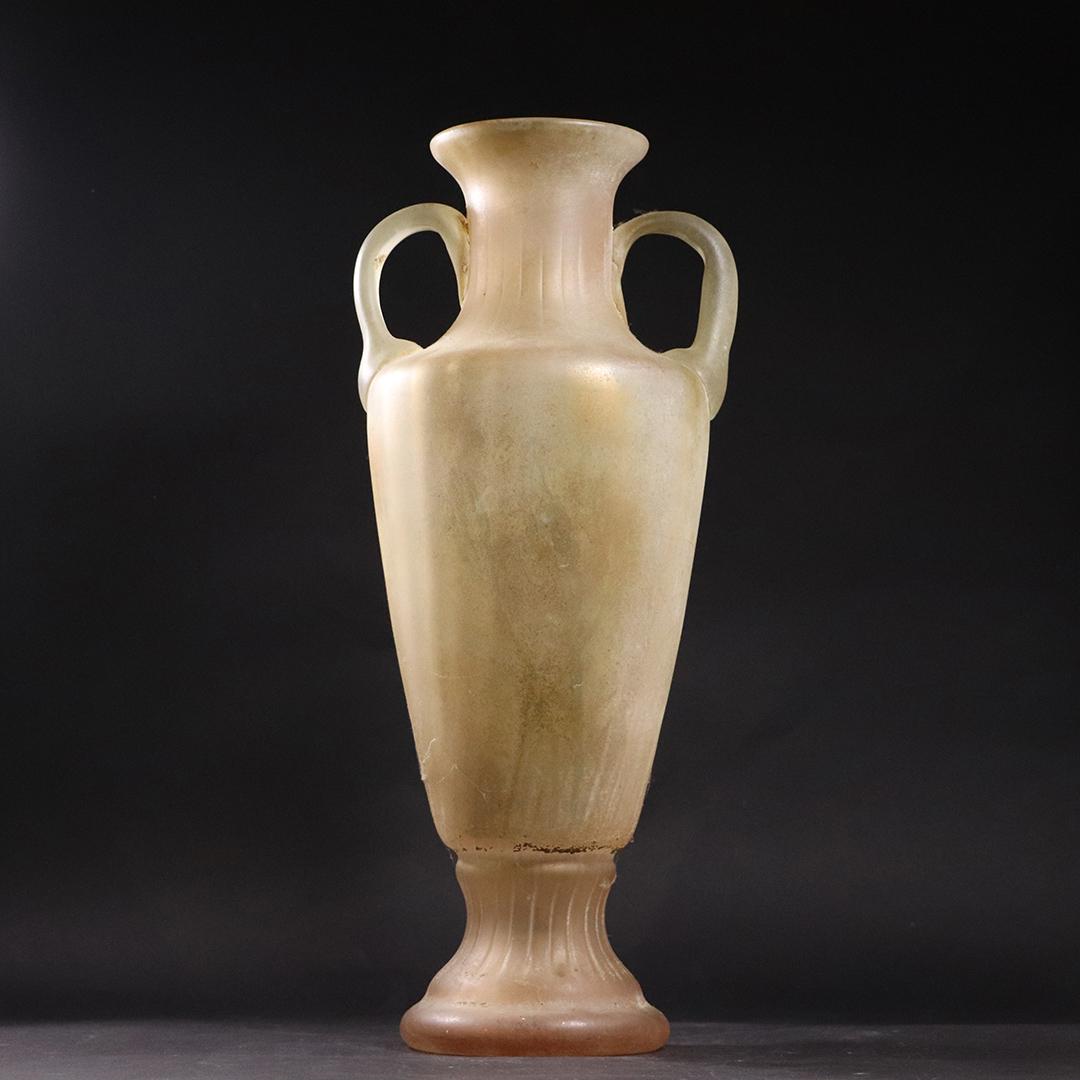 Antique White Alabaster Stone Urn with Handles: Antique White Alabaster Stone Urn with Handles. size: 16.75h x 7.5w