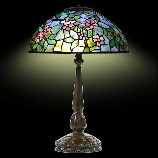 TIFFANY STUDIOS NEW YORK Apple Blossom Lamp SIGNED: TIFFANY STUDIOS NEW YORK Apple Blossom Lamp SIGNED SHADE, Base is Bronze, Base not Signed. Leaded Glass lamp very good condition, Signed and numbered: Tiffany Studios New York #1455. Bronze base has g