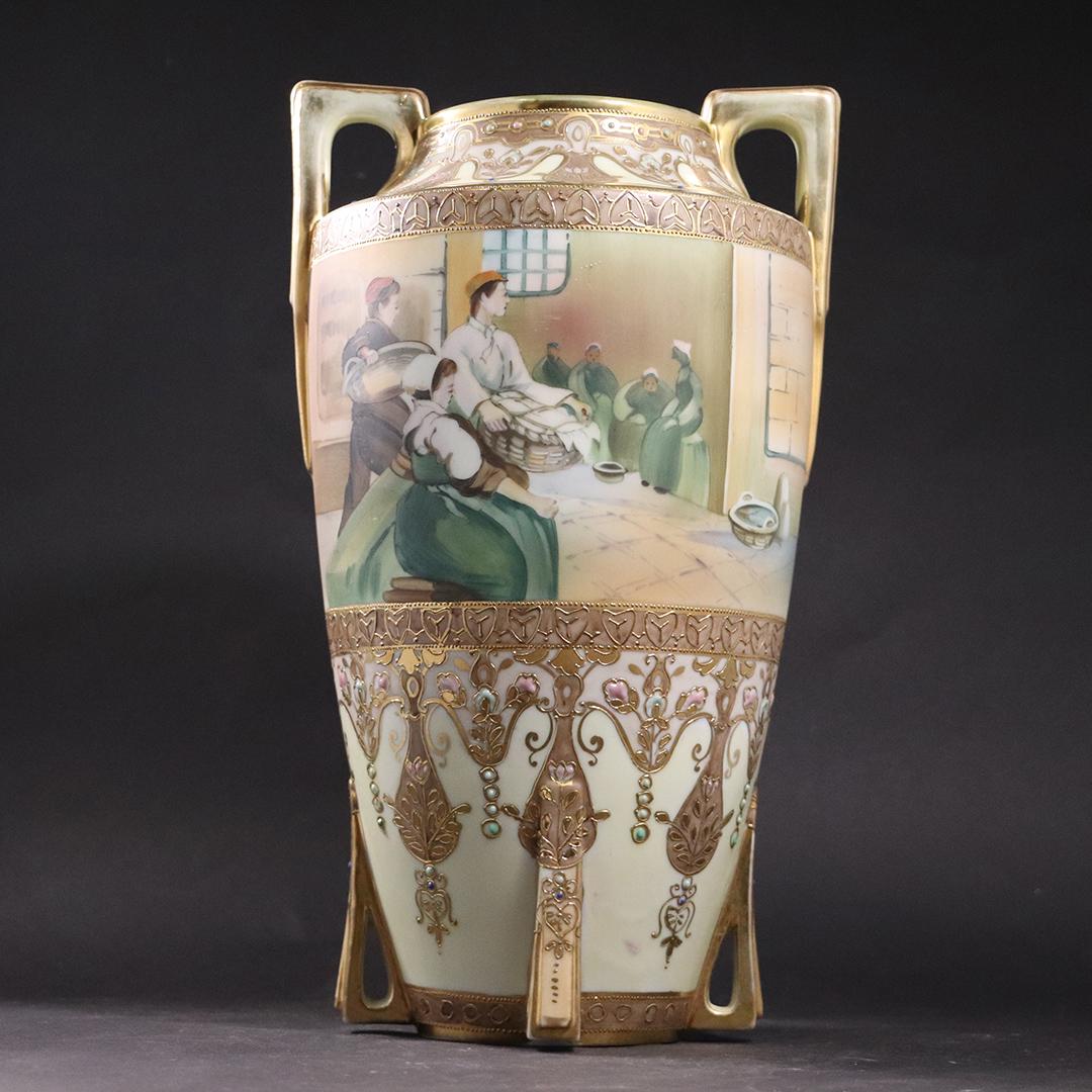 Hand Painted NIPPON Handled Large Vase, Villagers, Gold: Hand Painted NIPPON Handled Large Vase, Villagers, Gold decorated. size: 13h x 7.5w