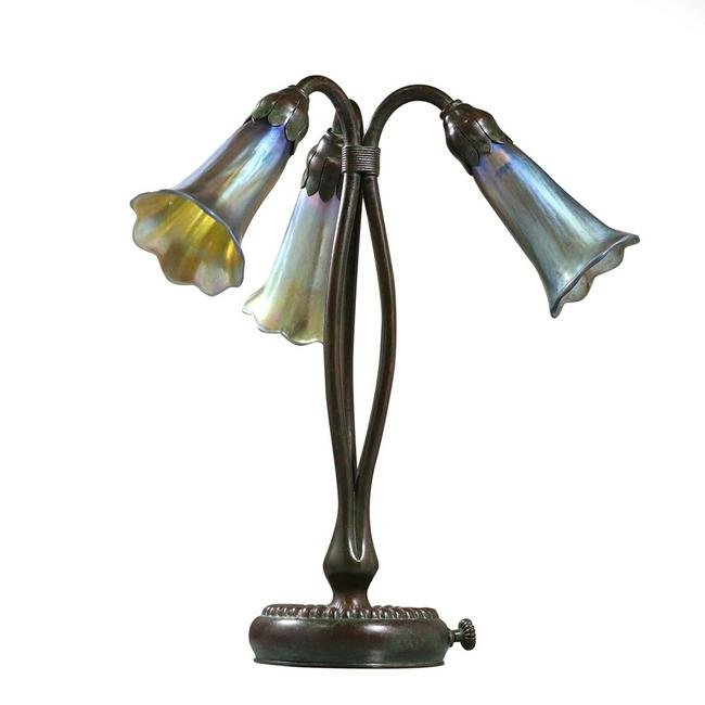 TIFFANY STUDIOS NEW YORK 3 Light Lily Lamp FULLY SIGNED: TIFFANY STUDIOS NEW YORK 3 Light Lily Lamp FULLY SIGNED. All 3 art glass shades are fully signed: L.C.T. Favrile ; Bronze Base is signed: Tiffany Studios New York #319, base has good bronze patina fin