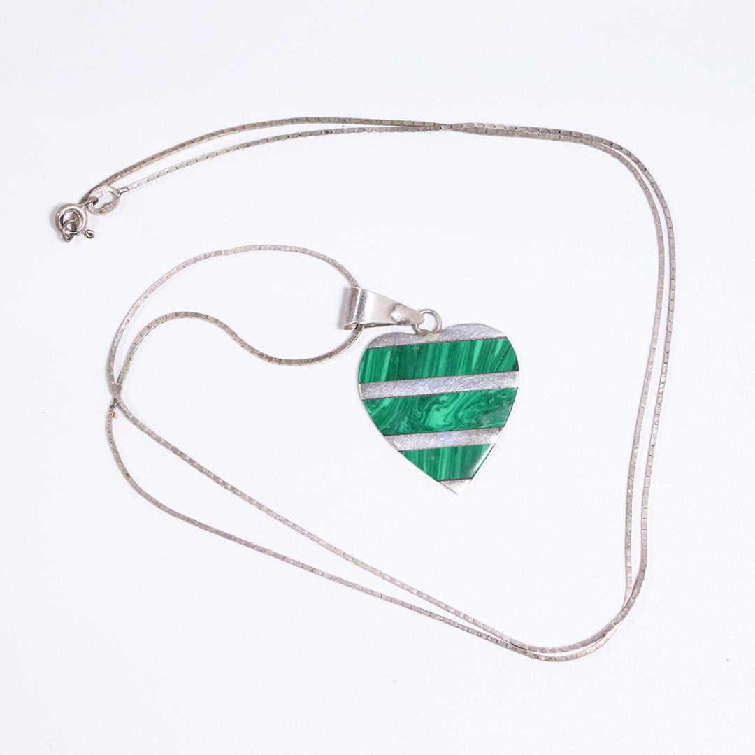 .925 Mexico Sterling Silver Malachite Heart Necklace (1 of 4)