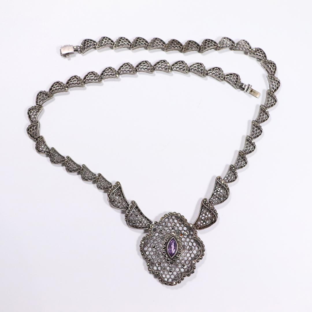 Sterling Purple Amethyst Marcasites Reticulate Necklace: Sterling Purple Amethyst Marcasites Reticulate Necklace. Size: 20 in. length, 1.75 in. pendant