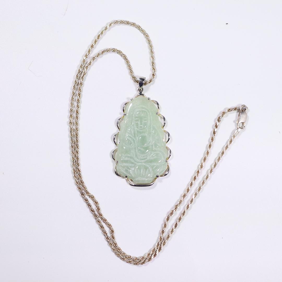 Green Jade Buddha Pendant .925 Sterling Rope Chain (1 of 6)