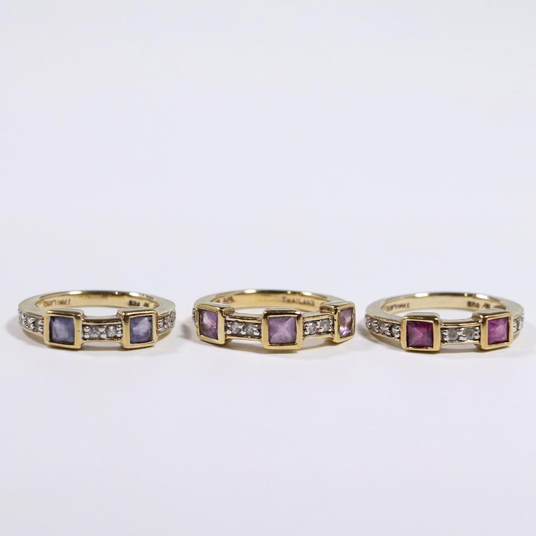 3 Inter Locking Rings .925 Sterling Amethyst Rubies CZ (1 of 8)