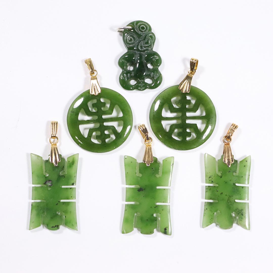 Six Assorted Green Jade Pendants .925 Sterling Clasps (1 of 7)