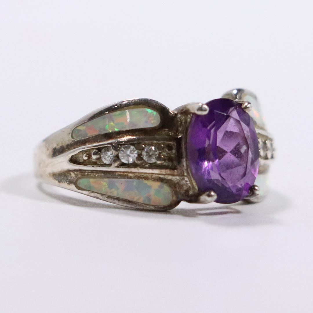 .925 Sterling Silver Opal Purple Amethyst Czs Ring (1 of 5)