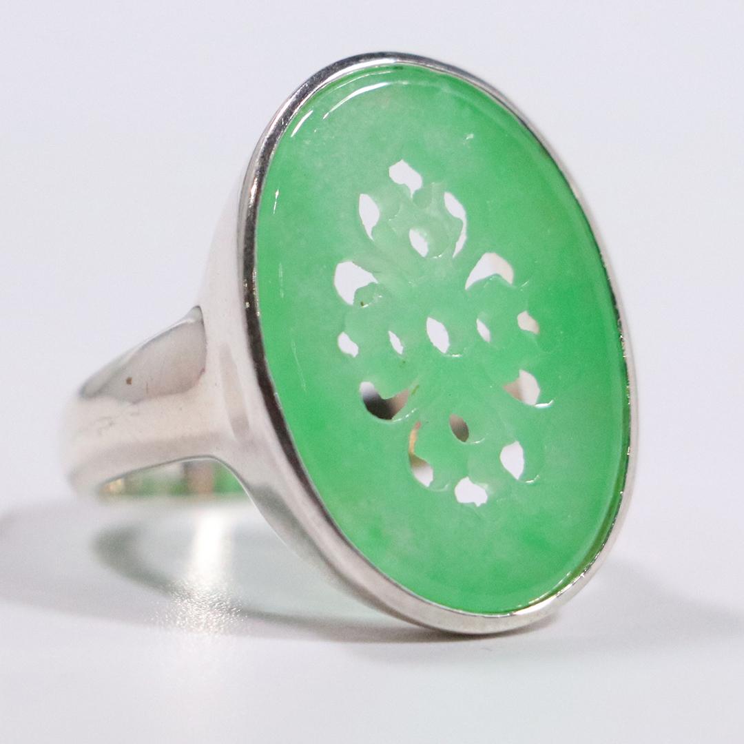 .925 Sterling Silver Green Jade Reticulated Ring (1 of 6)