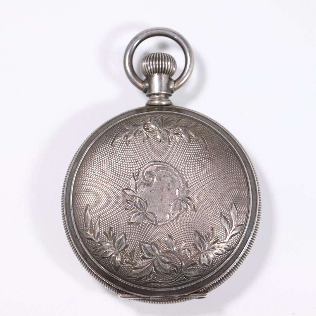 WALTHAM Sterling Silver Fancy Hunting Case Pocket Watch: WALTHAM Sterling Silver Fancy Hunting Case Pocket Watch. Fancy enamel face with delicate gold decoration. Hunting case marked: C.W.C.CO, Trade Mark, STERLING, 51100. inside: ALBATA; 15 Jewels American