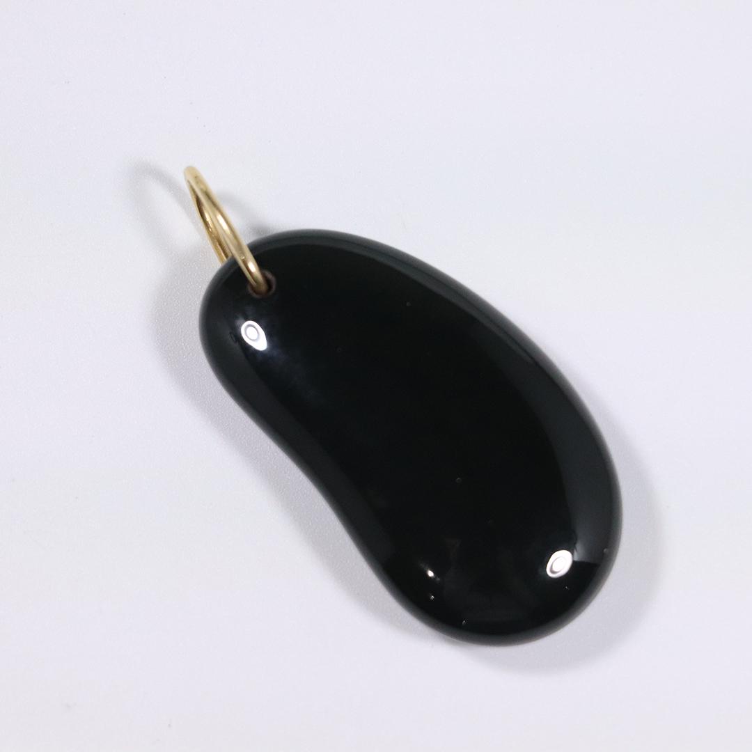 Obsidian Black Green Bean Pendant 18 K Gold Bail: Obsidian Black Green Bean Pendant 18 K Gold Bail. Size: 1.75 in. x 1 in.